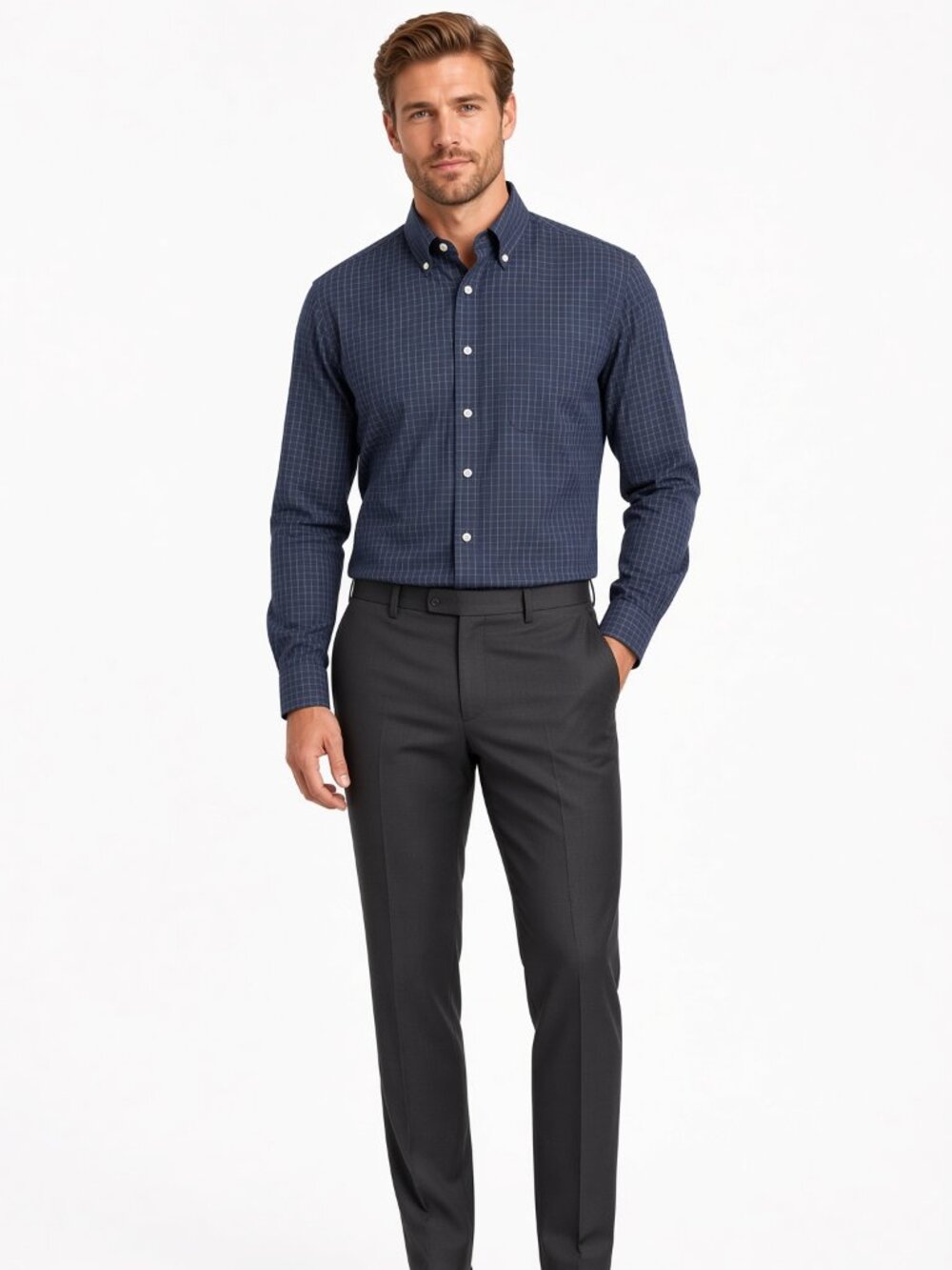 Lands' End Navy Windowpane Plaid Button Down